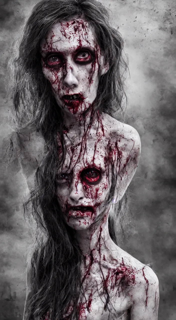 Prompt: half zombie woman, lace dress, mysterious, atmospheric, dark, cinematic horror, Epic, 8k, 4k, ultra detailed, ultra realistic,