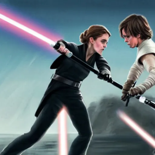 Image similar to a beautiful painting of Emma Watson fighting Luke Skywalker with a lightsaber, realistic Star Wars still