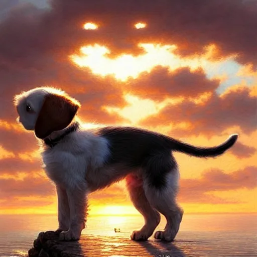 Prompt: a cute puppy on a windy day at the sea, eyes closed, wind through its fur, highly detailed, hyperrealistic, intricate, sunset in the background, rays of golden sunlight, oil painting by greg rutkowski and artgerm and wlop