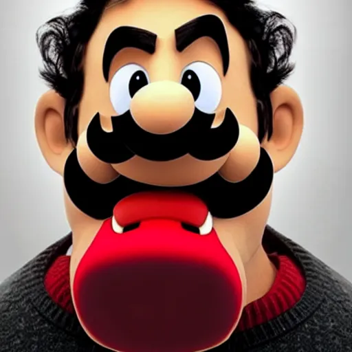 Prompt: photo of a dark haired man with long face, dark brown eyes and eyelashes, moustache, long nose, stubble wearing mario outfit