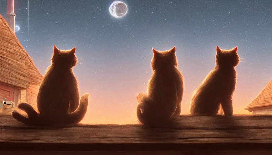 Image similar to back view of cats on rooftop looking at the stars during night, hyperdetailed, artstation, cgsociety, 8 k