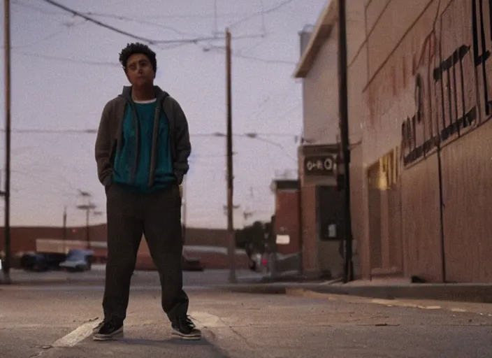 Image similar to First Official image from Cardboard, new drama film directed by Spike Jonze starring Tony Revolori as a Philadelphia b-boy in 1990 in the streets at night, shot on Kodak Vision 200T, stunning cinematography, light diffusion, film grain, 8k print, anamorphic lens.