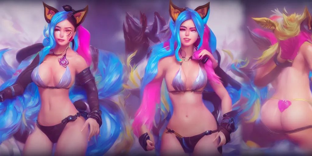Prompt: beautiful character skin concept art of pool party Ahri (wild rift). 3d render, octane render, realistic, highly detailed, trending on artstation