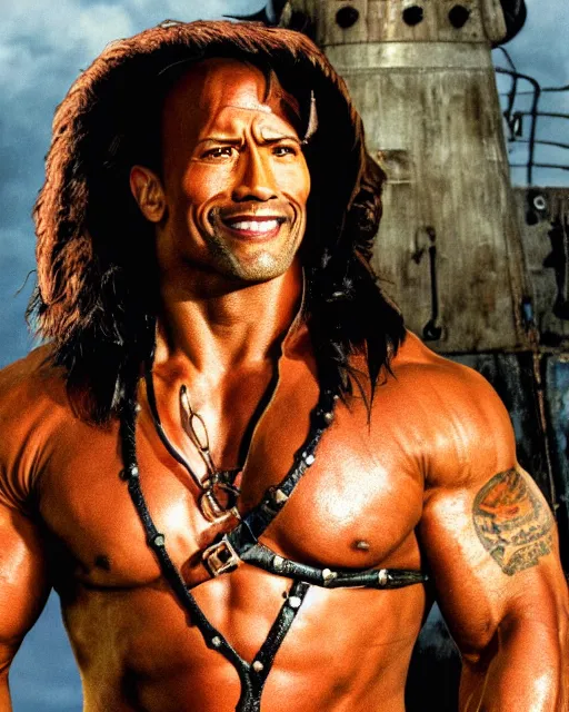 Image similar to Film still close-up shot of Dwayne Johnson as the Captain Hook from the movie Hook. Photographic, photography