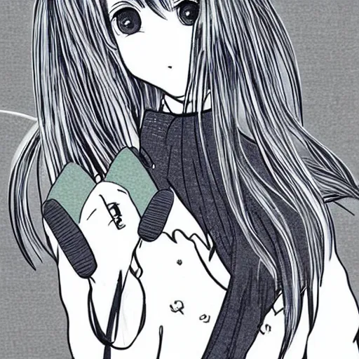 Image similar to “Detailed manga art of a beautiful Japanese girl holding a knife; loving expression; school uniform; high contrast; clean, sharp”