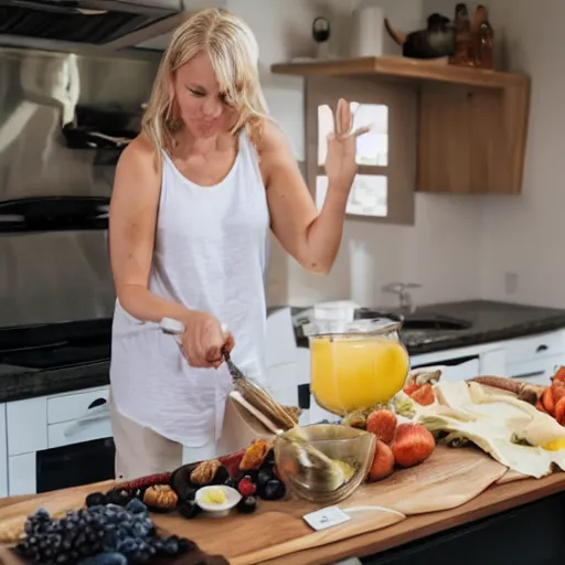 Prompt: Swedish blonde wife making breakfast to her husband,