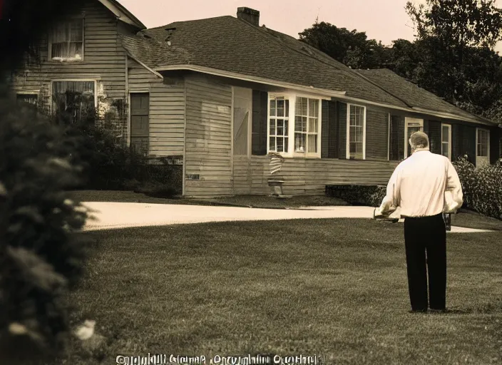 Image similar to a 3 5 mm photo from the back of a mailman delivering the mail to a suburban house in the 1 9 6 0 s, bokeh, canon 5 0 mm, cinematic lighting, dramatic, film, photography, golden hour, depth of field, award - winning, 3 5 mm film grain