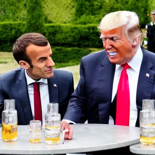 Prompt: Donald Trump drinking a pastis with Emmanuel Macron