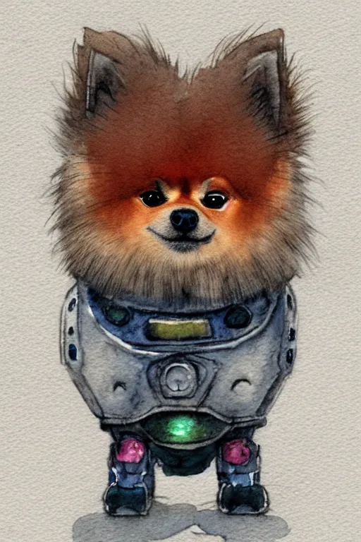 Prompt: a simple and atmospheric watercolour fantasy character concept art portrait of a robotic pomeranian as a druidic warrior wizard looking at the camera with an intelligent gaze, very muted colors, by studio ghibli