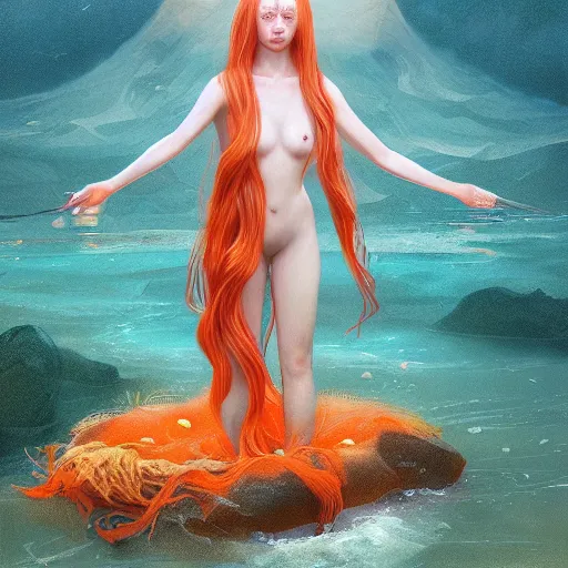 Image similar to breathtakingly detailed concept art painting portrait of goddess sinking into the sea, carrot colored hair, orthodox saint, full body, gorgeous background, created by hsiao - ron cheng, very moody lighting, 8 k