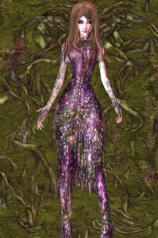 Image similar to cute female forest spirit wearing soft grunge floral cybernetic mughal valentino resort dress in a 3 d psx ps 2 jrpg style, esoteric scifi magical alien ruined cathedral sanctuary interior, fashion gameplay screenshot, highly detailed, bright