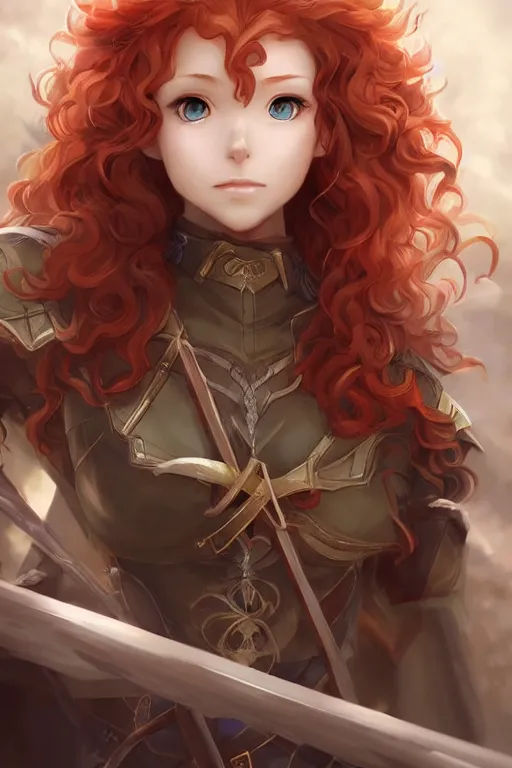 Image similar to A beautiful anime portrait of a curly haired redhead female elf, rpg ranger outfit, elven bow, by Stanley Artgerm Lau, WLOP, Rossdraws, James Jean, Andrei Riabovitchev, Marc Simonetti, and Sakimichan, tranding on artstation