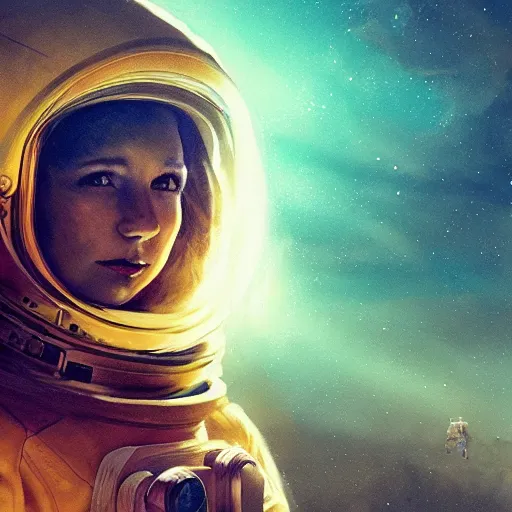 Image similar to female astronaut portrait, atmospheric lighting, painted, intricate, volumetric lighting, beautiful, rich deep colors masterpiece, golden hour, sharp focus, ultra detailed, by leesha hannigan, ross tran, thierry doizon, kai carpenter, ignacio fernandez rios