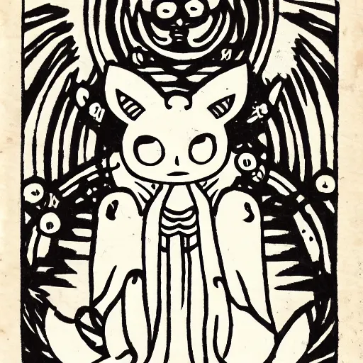 Image similar to Kyubey from Madoka Magica in the style of Japanese and European woodcuts