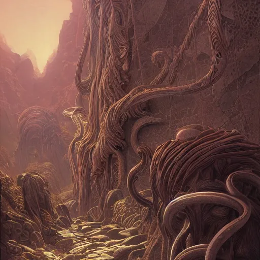 Image similar to desert river crinoid maximalist art nouveau, cgsociety, artstation by gustave dore and tyler edlin