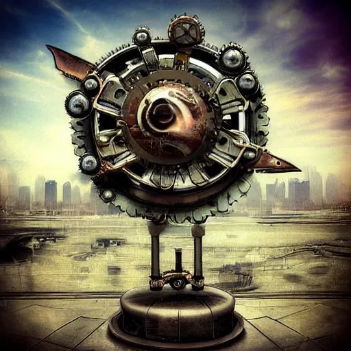 Image similar to giant mechanical rose, city, steampunk, fantasy art, sky in the background, detailed, behrens style