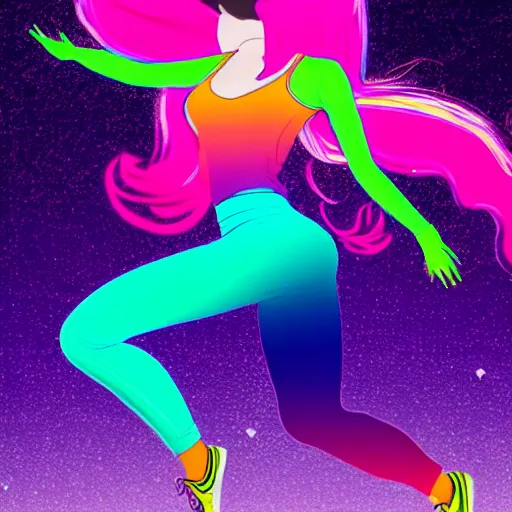 Image similar to a award winning full body shot of a beautiful woman in a croptop and leggings with a ombre purple pink teal hairstyle with head in motion and hair flying, outrun, vaporware, vivid colors, highly detailed, fine detail, intricate