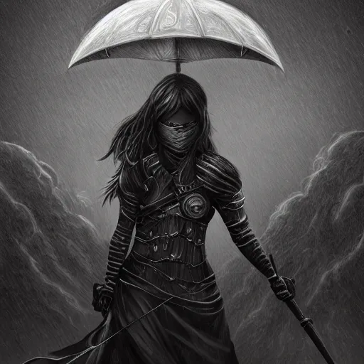 Image similar to a detailed picture of a female ninja, ominous nighttime thunderstorm, fantasy, d & d, intricate, elegant, highly detailed, digital painting, artstation, concept art, matte, sharp focus, illustration, art by m. c. escher