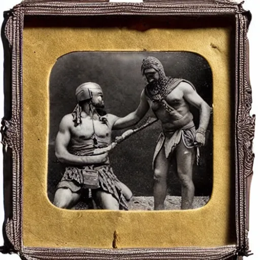 Prompt: spartan man and his helot slave, helot, ancient sparta, daguerreotype photograph, ancient photograph