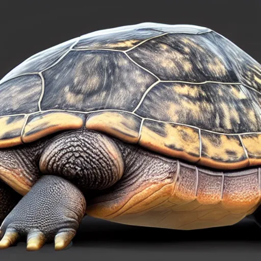 Image similar to Hyperrealistic uncanny valley Turtle in the style of Unreal Engine, hard surface, textured, slimy