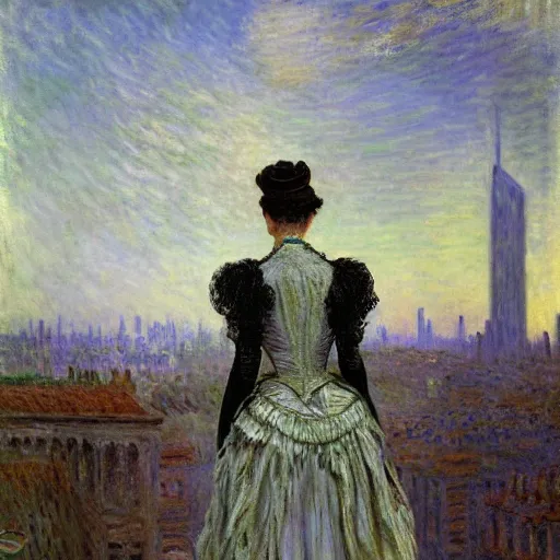 Prompt: portrait of a victorian lady in a futuristic city, from behind, streets, beautiful, sci-fi, open sky, tall buildings, highly detailed, digital painting by Claude Monet