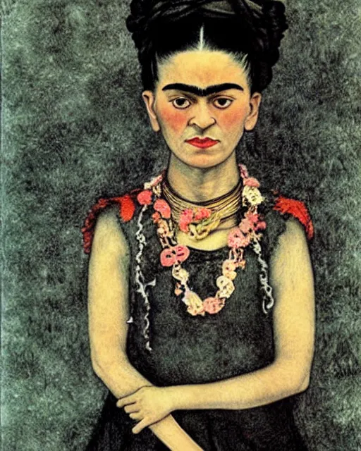 Prompt: highly detailed matte painting of frida kahlo as a little girl by arthur rackham