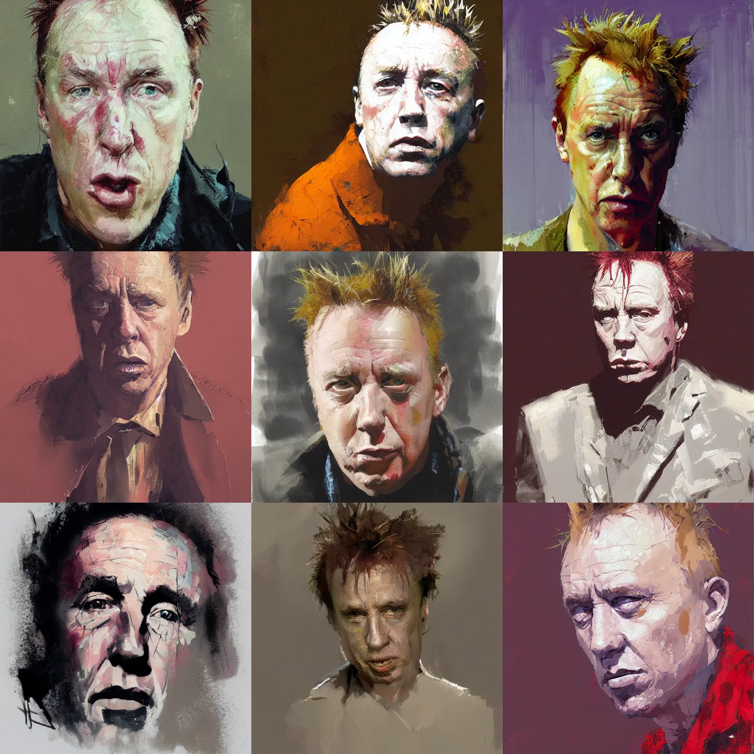 Prompt: dramatic head shoulder portrait of Johnny Rotten, by Craig Mullins, ((by Mattias Adolfsson)), painting,