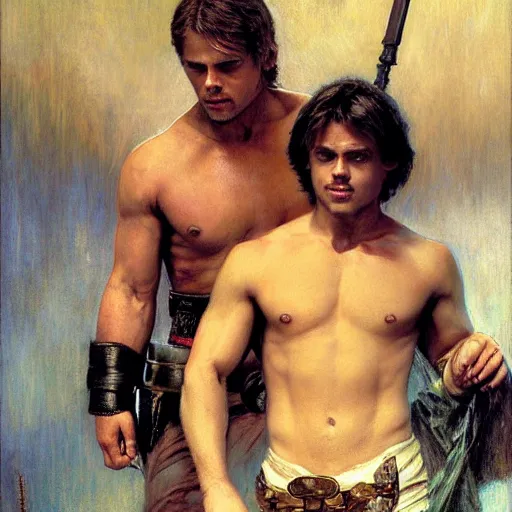 Image similar to 2 muscular attractive men, mark hamill, hayden christensen, star wars, painting by gaston bussiere, craig mullins, greg rutkowski, alphonse mucha