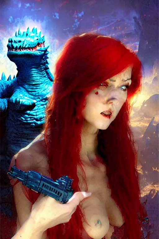 Prompt: red haired vampire maid, pointing accusingly at a small blue godzilla wearing a rainbow hat portrait dnd, painting by gaston bussiere, craig mullins, greg rutkowski, yoji shinkawa