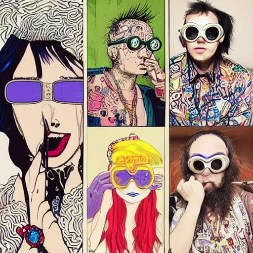 Image similar to a eccentric goth guy wearing goggles and eclectic jewelry, small details, aesthetic!!!, by harumi hironaka, by moebius, by geof darrow, by jamie hewlett,