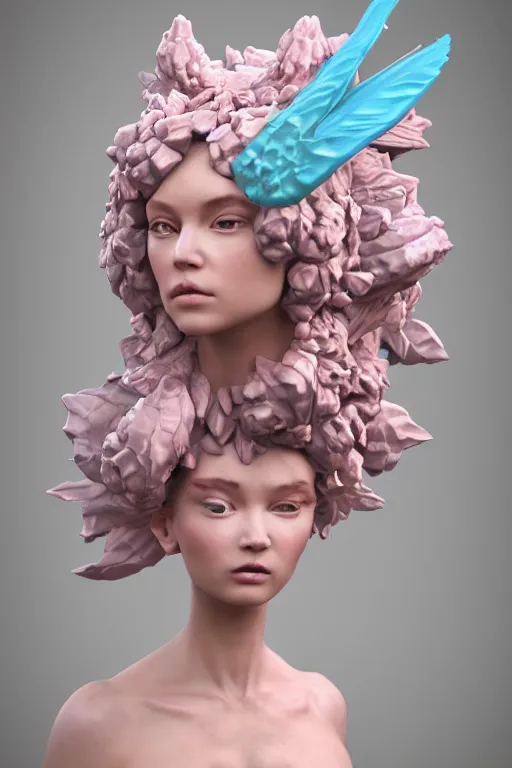 Image similar to epic 3 d sculpture of trans model, porcelain headdress, 2 0 mm, with pastel pink and cerulean hextech bursting, perlin noise melting into bulbasaur, delicate, beautiful, intricate, houdini sidefx, artstation, by jeremy mann and ilya kuvshinov, jamie hewlett and ayami kojima