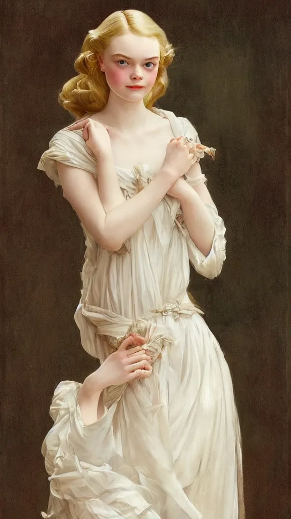 Image similar to Painting of Elle Fanning as a princess, long blonde hair, delicate, pale milky white porcelain skin, by Leyendecker and Norman Rockwell