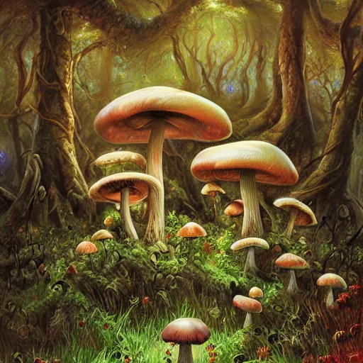 Image similar to mushroom forest drawn by ralph horsley, digital art, highly detailed, corrupted