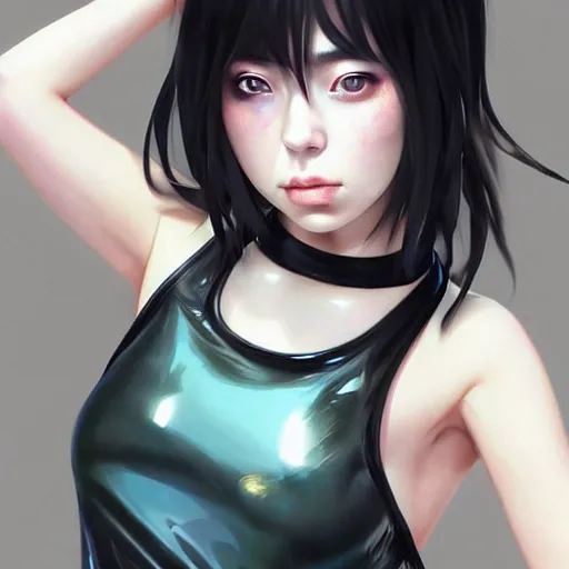 Prompt: a beautiful young japanese billie eilish hitomi tanaka alluring instagram model in elaborate latex tank top, jrpg tank top made from latex demon faces, by guweiz and wlop and ilya kuvshinov and artgerm and, aesthetic, gorgeous, stunning, alluring, attractive, artstation, deviantart, pinterest, digital art