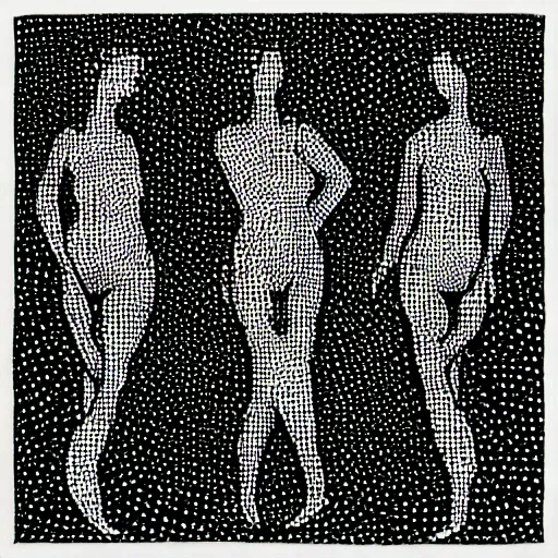 Image similar to “human figures are woven and entangled in harmonious patterns, rendered with stippled dots and tiny lines, monochromatic, black and white, excellent use of positive and negative space, hd”