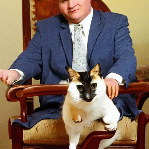 Prompt: Andy Richter wearing a blue dress shirt necktie navy dress pants sitting in a chair petting a calico cat