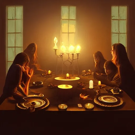 Prompt: Seance table, Hyper-realistic, 4K, Highly Detailed, HD, Dramatic Lighting by Brom, golden hour, trending on Artstation