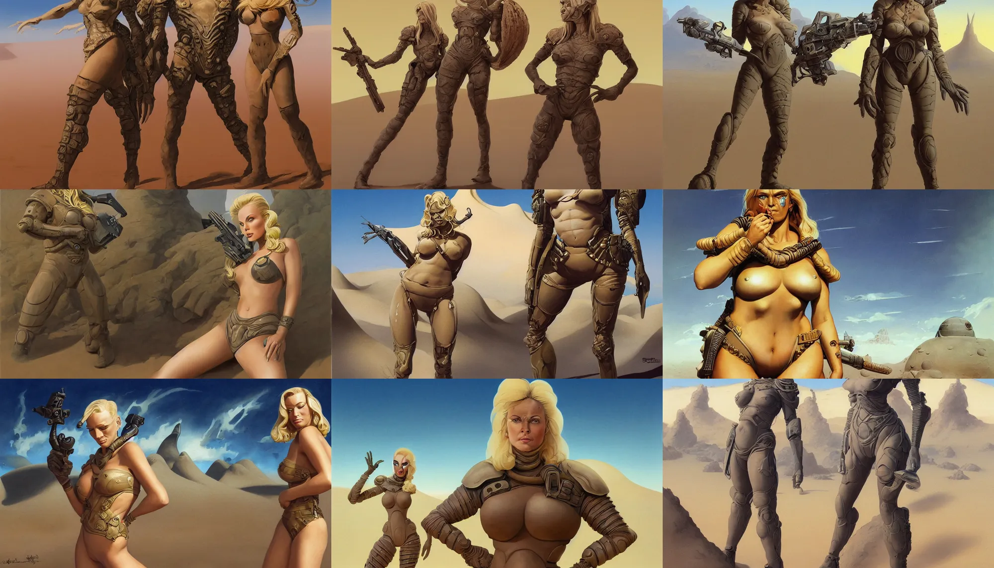 Prompt: A mixed media portrait painting of a beautiful blonde woman posing on a desert alien planet, soldier, curvy, Dune-style armored bikini and boots, aesthetic symmetrical face and eyes, slavic, by Boris Vallejo, Beeple, Frank Frazetta, Greg Rutkowski, Christian MacNevin, epic fantasy character art, high fantasy, CGsociety, 60's Sci-fi Pinup style, exquisite detail, post-processing, masterpiece, cinematic, crysis