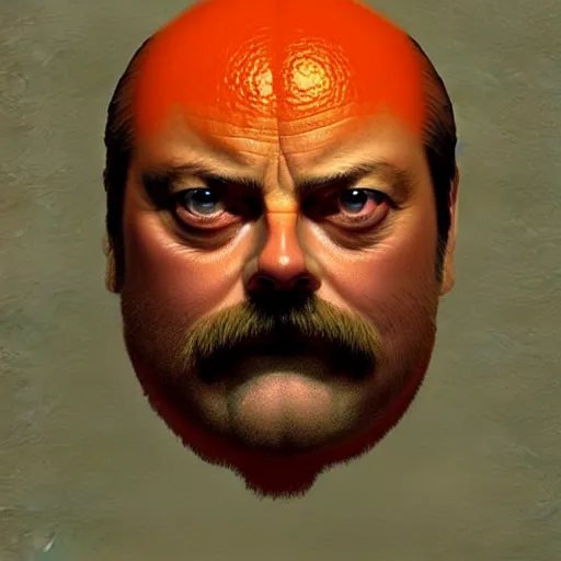 Image similar to nick offerman face inside an orange!, sci - fi and fantasy, intricate highly detailed digital painting, artstation, concept art, smooth and sharp focus, illustration, art by tan zi and ayanamikodon and alphonse mucha and wlop