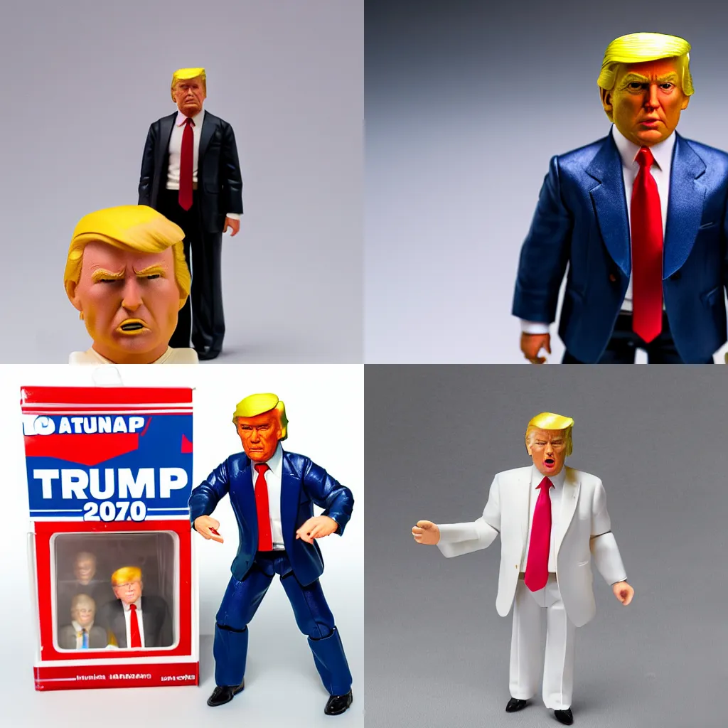 Prompt: 1970s action figure of Donald Trump, product photography, plastic toy, white background, isolated background, studio lighting