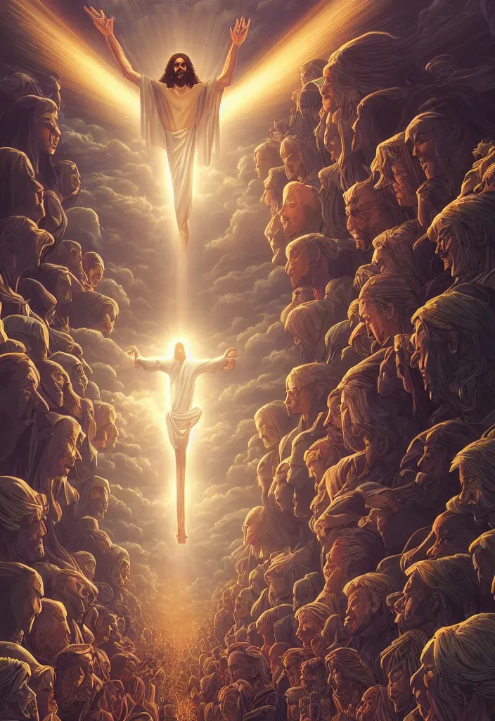 Image similar to the second coming of jesus by dan mumford, yusuke murata, makoto shinkai, ross tran, cosmic, heavenly, god rays, intricate detail, cinematic, 8 k, cel shaded, unreal engine, featured on artstation, pixiv