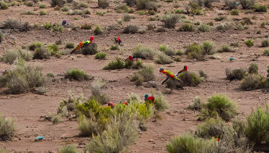 Prompt: a desert, river with low flying parrots, great photography, ambient light