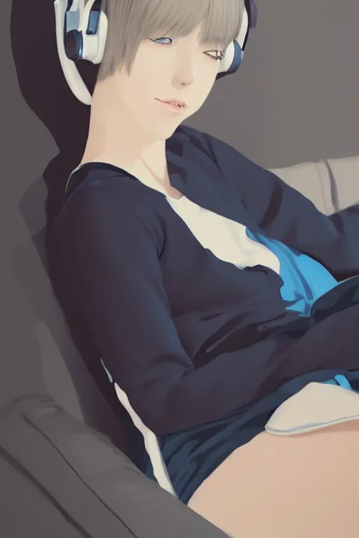 Prompt: a cute young woman sitting on a couch while listening to music with her eyes closed and wearing cat ear headphones by Ilya Kuvshinov and Range Murata, white bob cut hair, blue filter, blue and white, soft lighting, atmospheric, cinematic, moody, digital painting, 8k