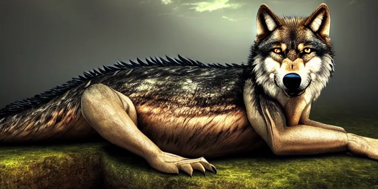 Image similar to chimera made of a wolf and a crocodile, photo of wolf, photo of crocodile, awarded on pixiv, ultra realism, fantasy, trending on deviantart, realistic wood swamp, professional photoshop artwork