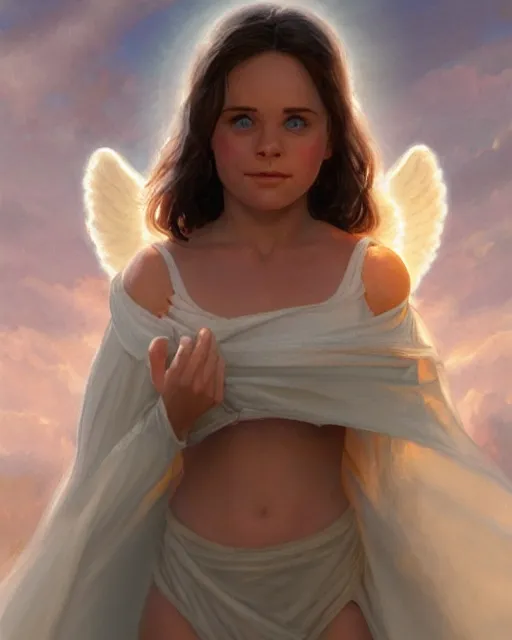 Image similar to cute young slightly chubby courtney cox as a heavenly angel, anatomy, bathed in light, highly detailed, photorealistic, artstation, smooth, sharp focus, illustration, unreal engine 5, 8 k, art by artgerm and greg rutkowski and edgar maxence