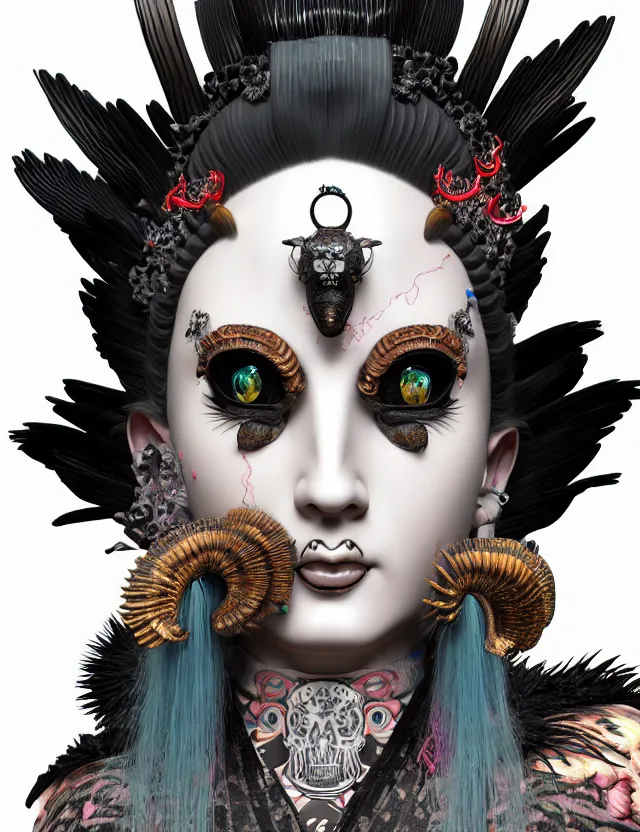 Image similar to 3 d goddess close - up profile portrait punk with mohawk in victorian style with ram skull. beautiful intricately detailed japanese crow kitsune mask and clasical japanese kimono. betta fish, jellyfish phoenix, bio luminescent, plasma, ice, water, wind, creature, artwork by tooth wu and wlop and beeple and greg rutkowski