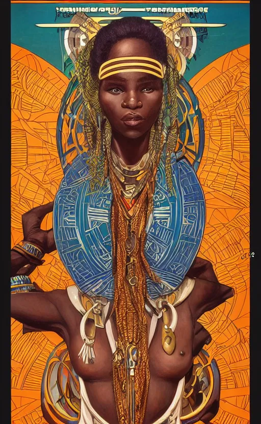 Image similar to a retro futuristic african tribal chief, art by joseph christian leyendecker, design blocking by alphonso mucha, poster design by drew struzan, highly detailed, digital painting, concept art, smooth sharp focus, intricate, symmetry,