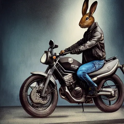 Prompt: a bunny wearing a leather jacket, riding a suzuki dr 6 0 0 motorcycle, sporty, highly detailed, digital painting, artstation, concept art, matte, sharp focus, highly detailed, 4 k, hdr, smooth, sharp focus, high resolution, award - winning photo, photorealistic, art by artgerm and greg rutkowski and alphonse mucha, large shot