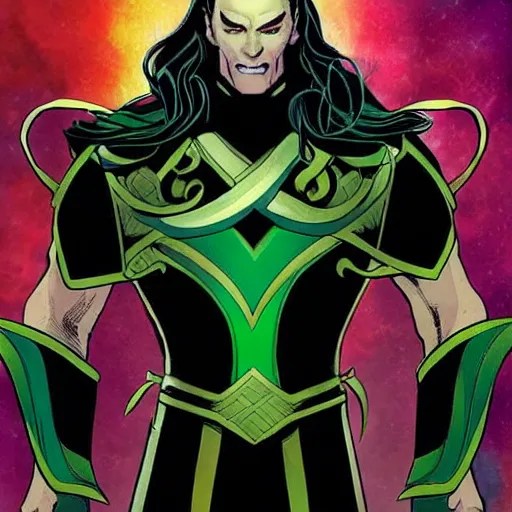 Image similar to The artwork is conceptual artwork for a graphic novel that shows Loki, the god of mischief, in a variety of emotional states. Lee Garbett created the artwork.