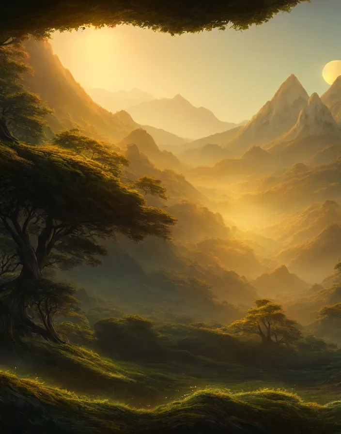 Image similar to Landscape representing a forest with mountains on the sides and a large kaje in the middle with the sun on the horizon, hyperdetailed, artstation, cgsociety, 8k